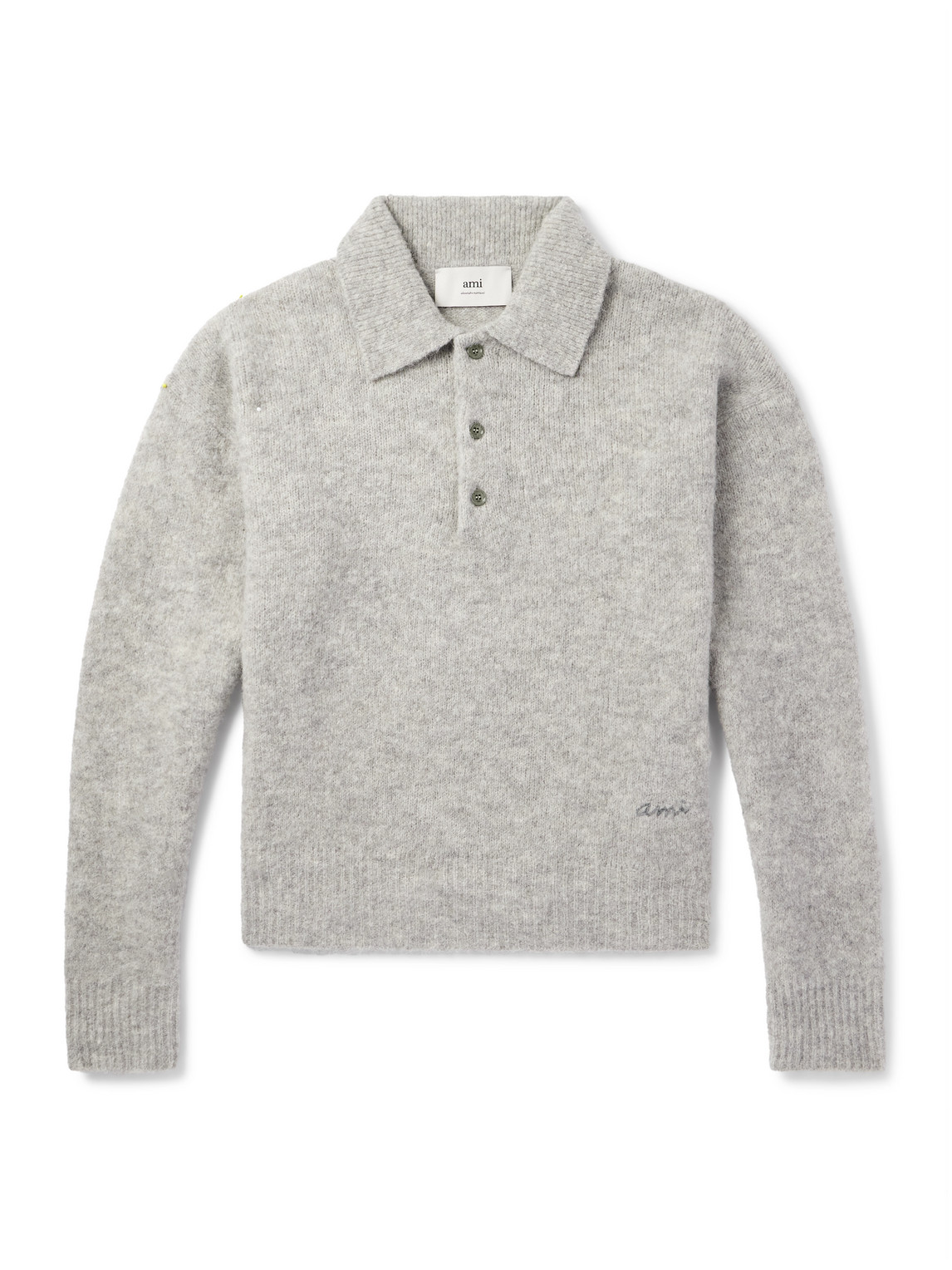 Ami Alexandre Mattiussi Logo-embroidered Brushed-knit Polo Shirt In Gray