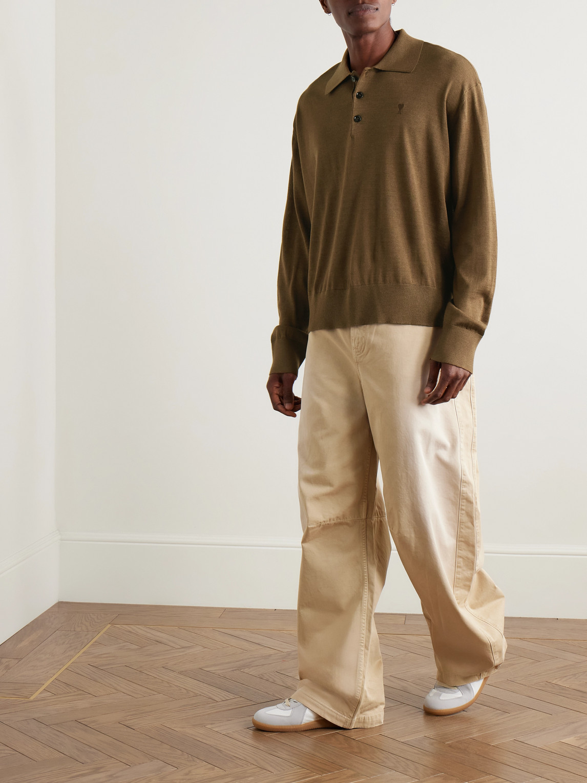 Ami Alexandre Mattiussi Logo-embroidered Virgin Wool And Silk-blend Polo Shirt In Brown