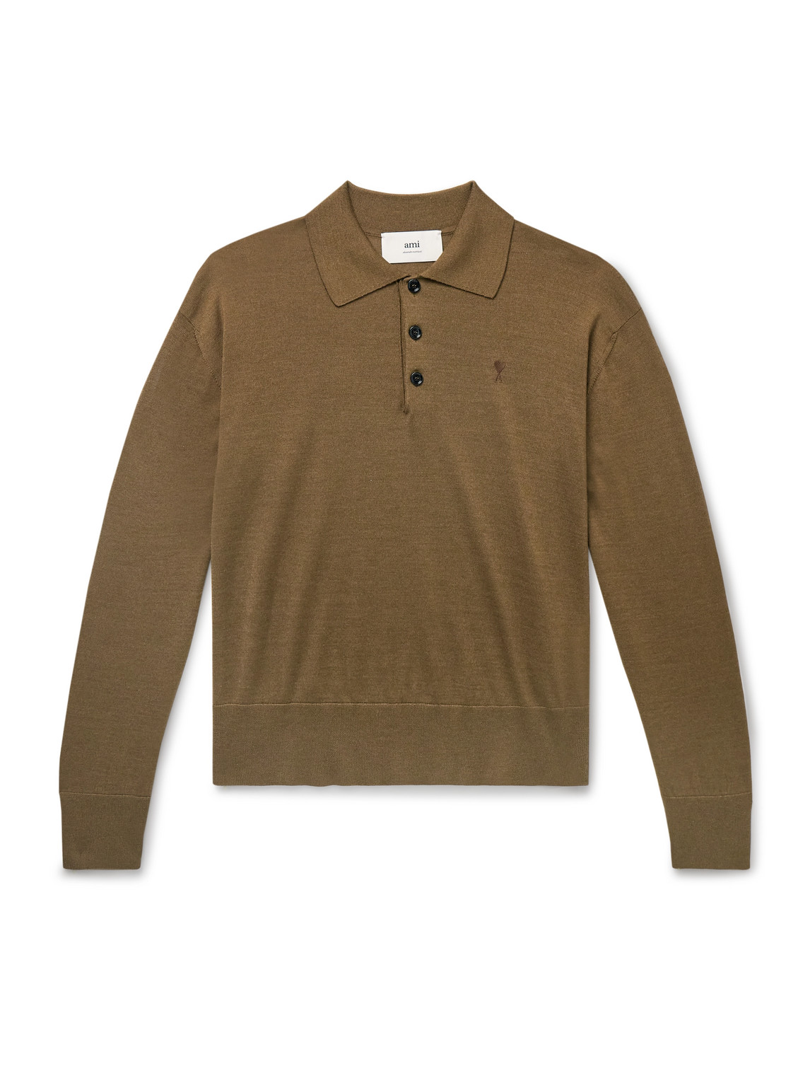 Ami Alexandre Mattiussi Logo-embroidered Virgin Wool And Silk-blend Polo Shirt In Brown