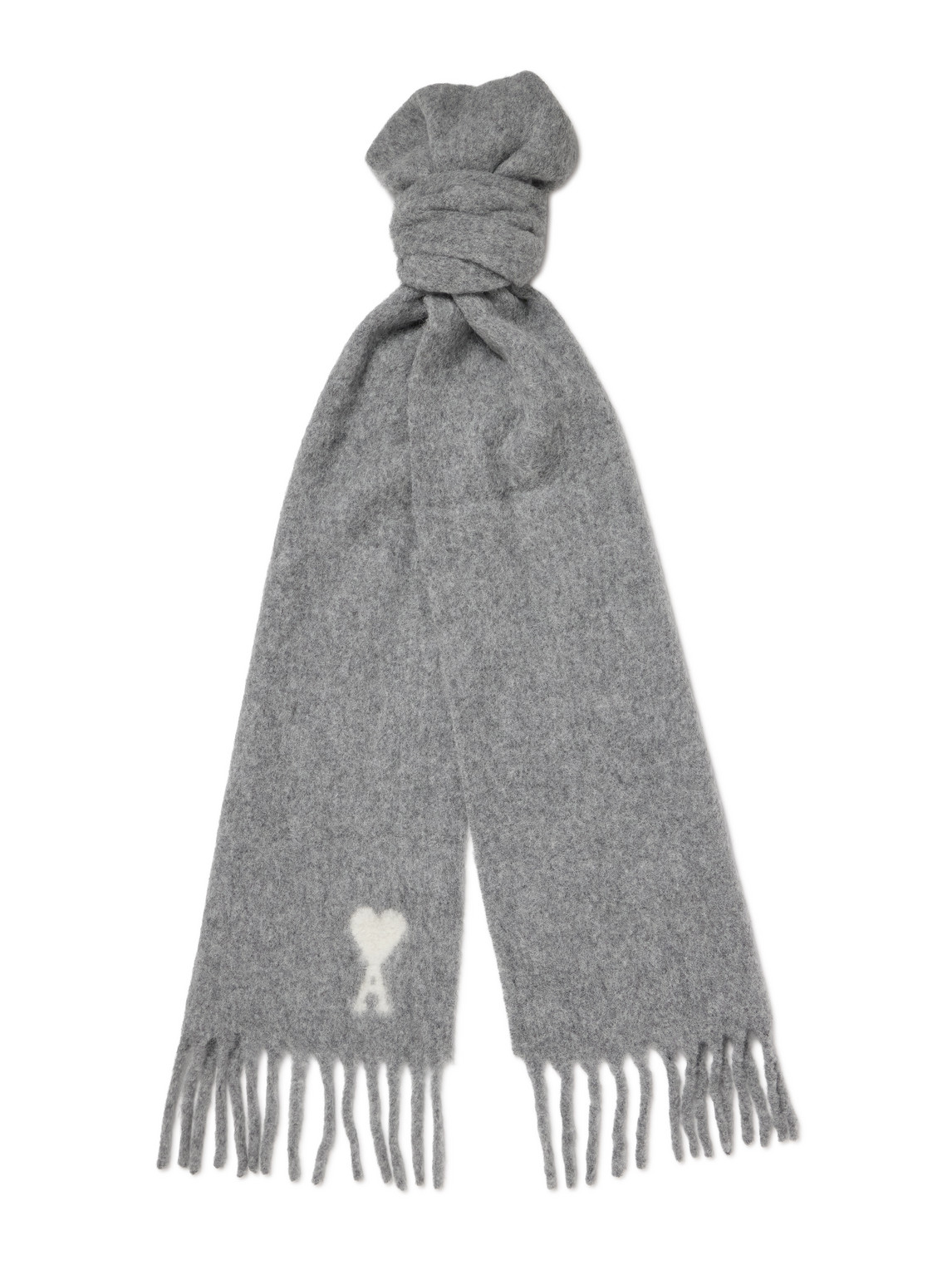 Ami Alexandre Mattiussi Logo-intarsia Fringed Alpaca-blend Scarf In Gray