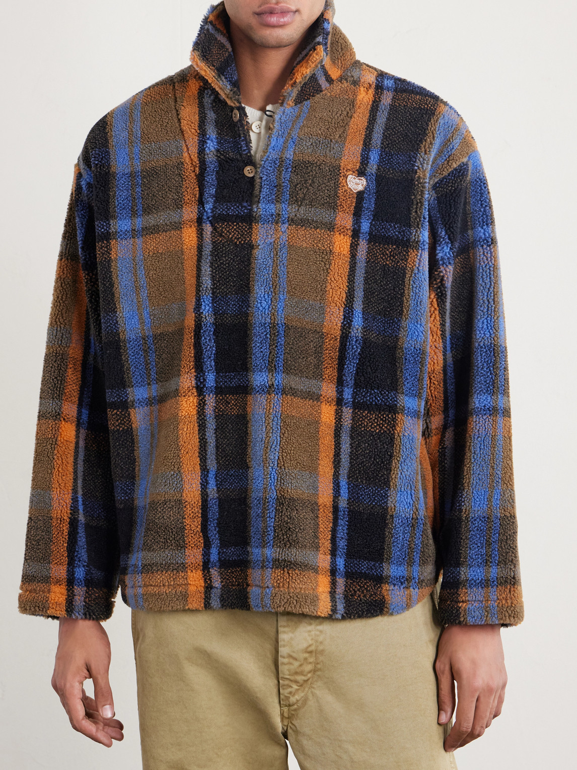  Human Made - Logo-embroidered Appliquéd Checked Fleece Sweater - Men - Brown - S 