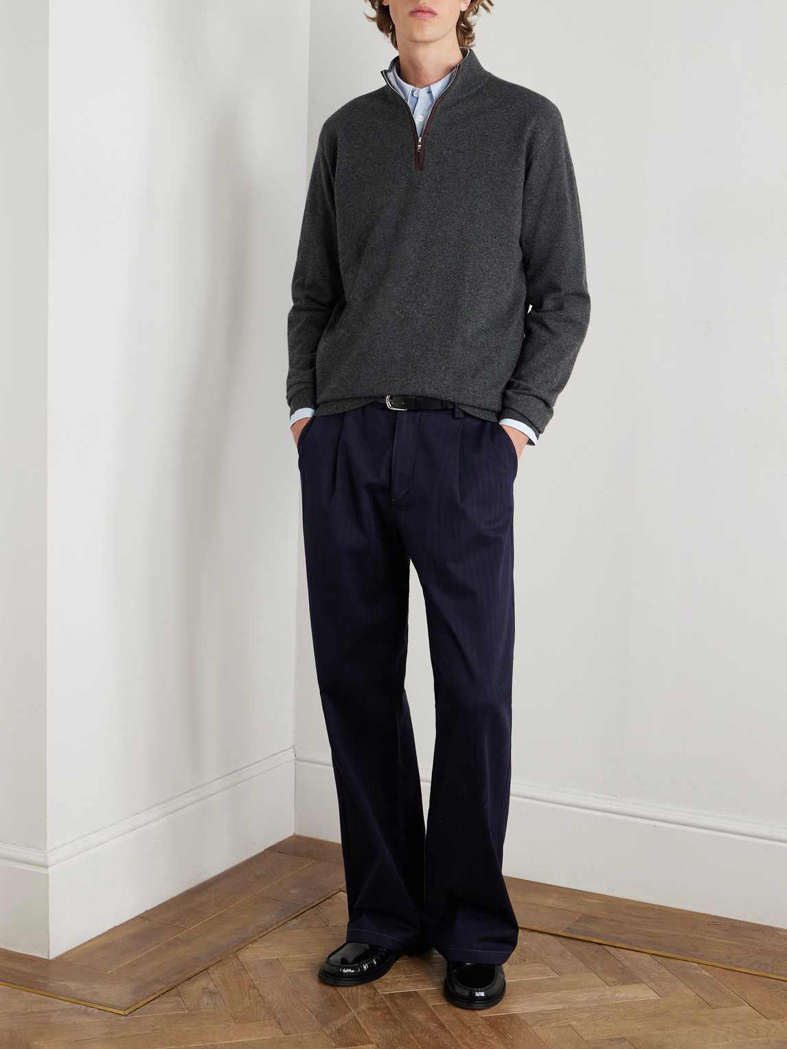 Peter Millar Suede-trimmed Cashmere Flex Half-zip Sweater In Gray