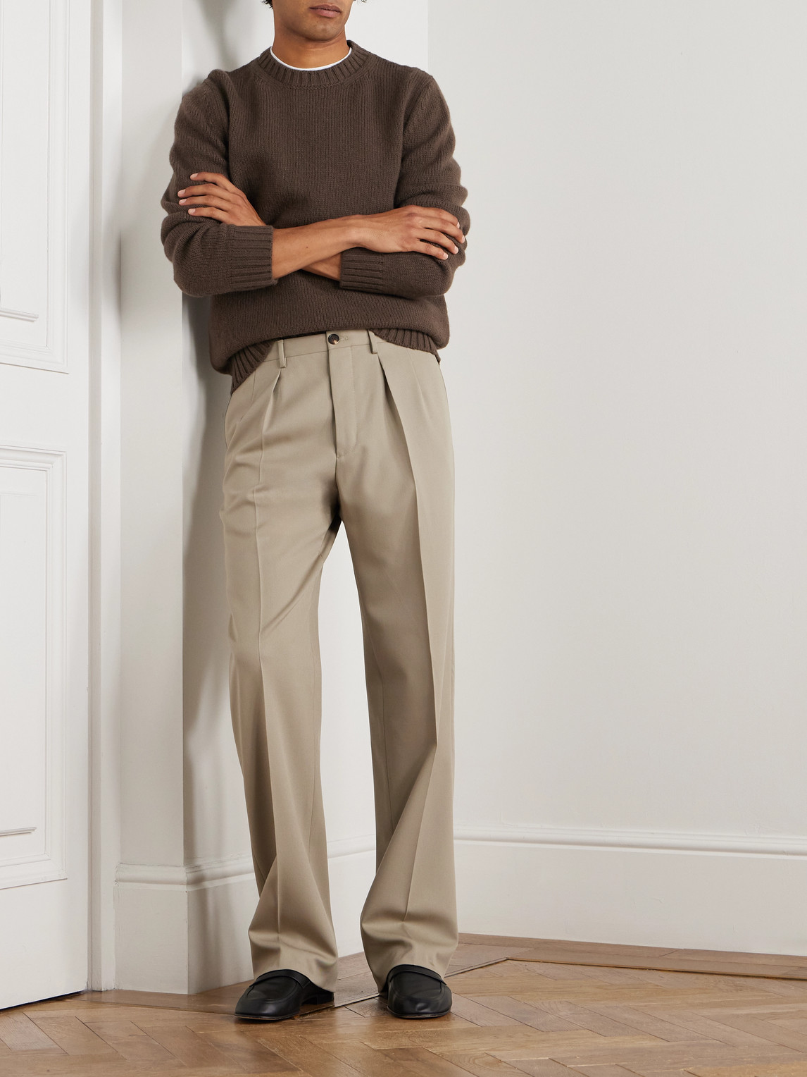 Incotex Straight-leg Pleated Wool-gabardine Trousers In Neutral