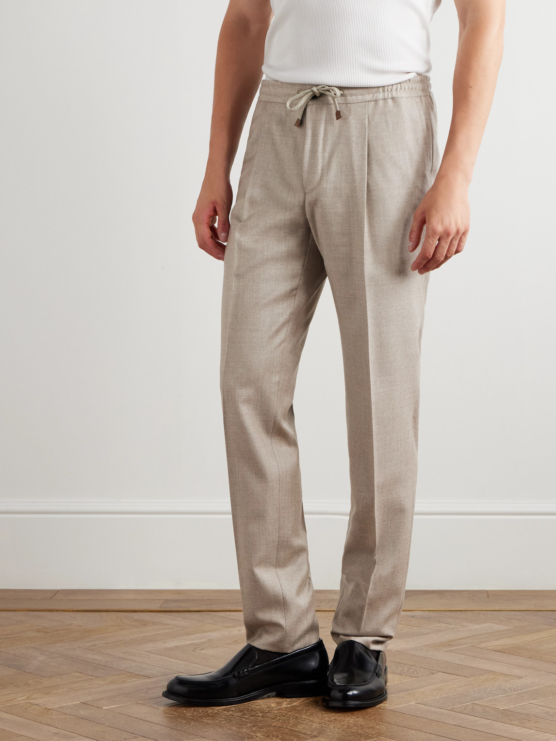 Incotex Tapered Pleated Virgin Wool-flannel Drawstring Trousers In White