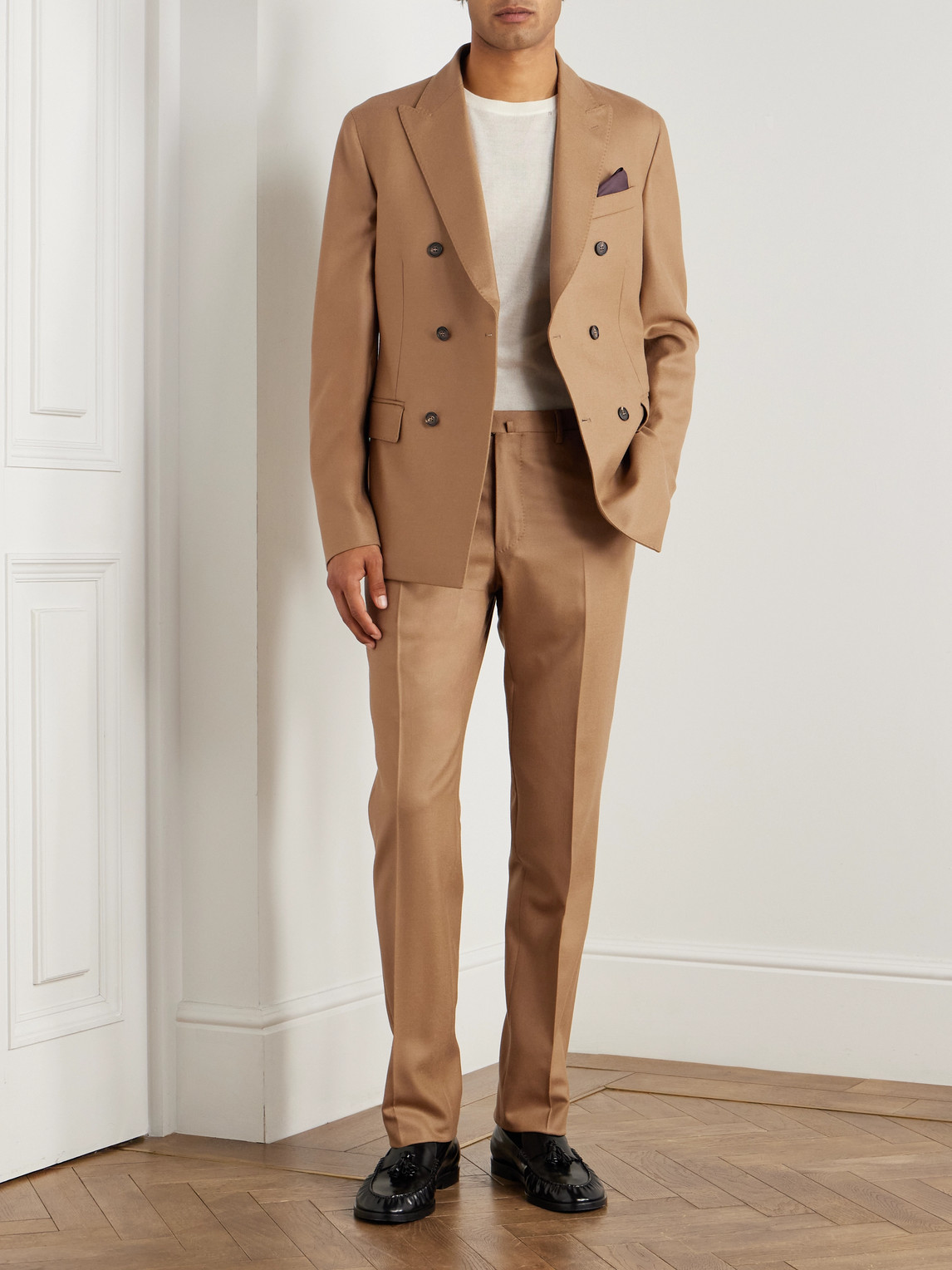 Incotex Slim-fit Double-breasted Virgin Wool-blend Flannel Suit Jacket In Neutral