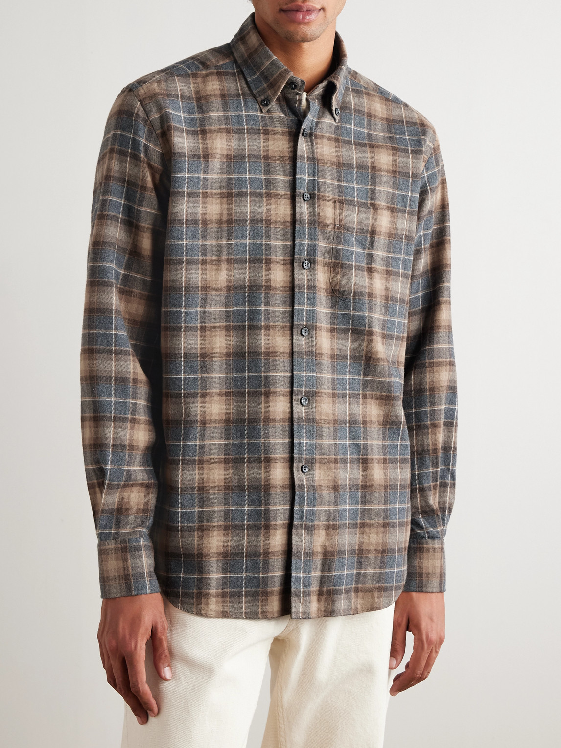 Incotex Button-down Collar Checked Cotton-flannel Shirt In Blue