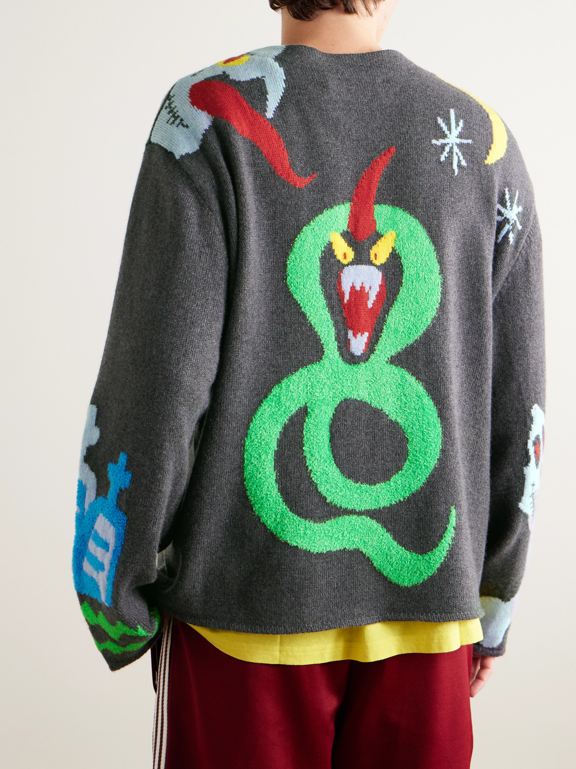 The Elder Statesman Mythical Creatures Jacquard-knit Cashmere-blend Cardigan In Black