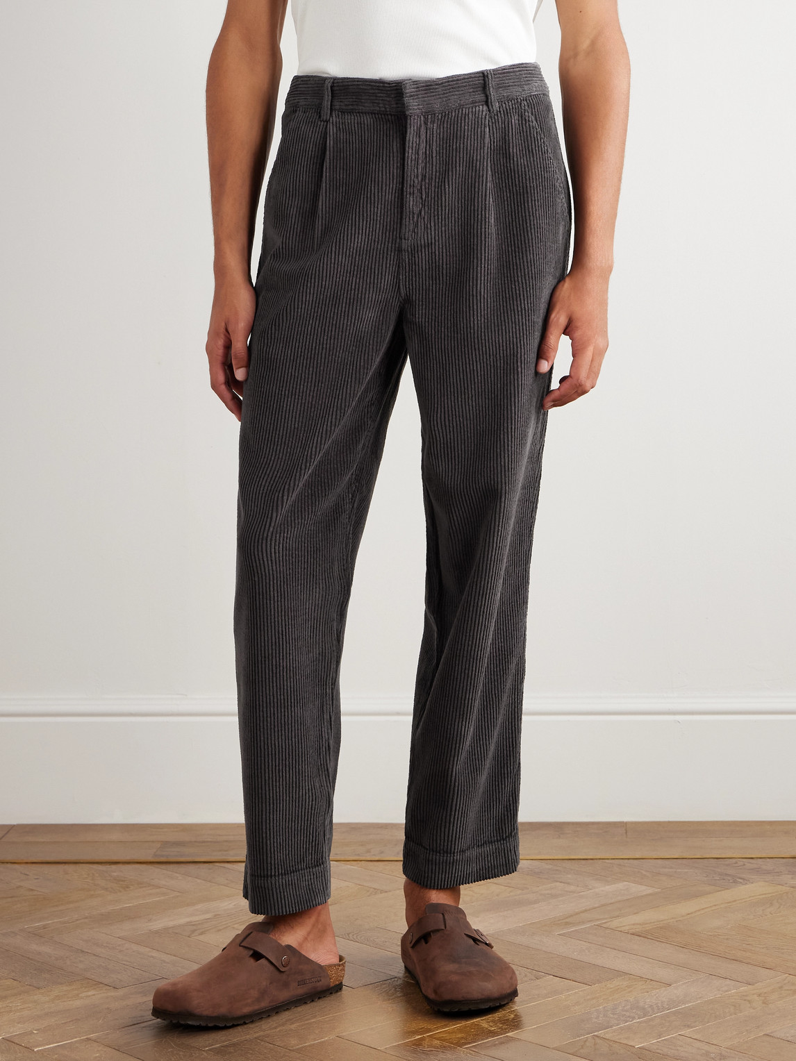 Folk Signal Straight-leg Pleated Cotton-corduory Trousers In Gray