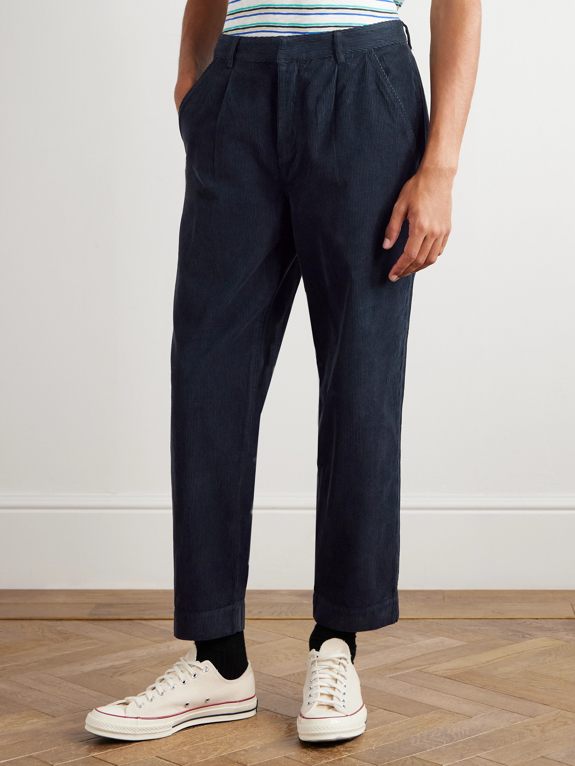 Folk Signal Straight-leg Pleated Cotton-corduroy Trousers In Blue