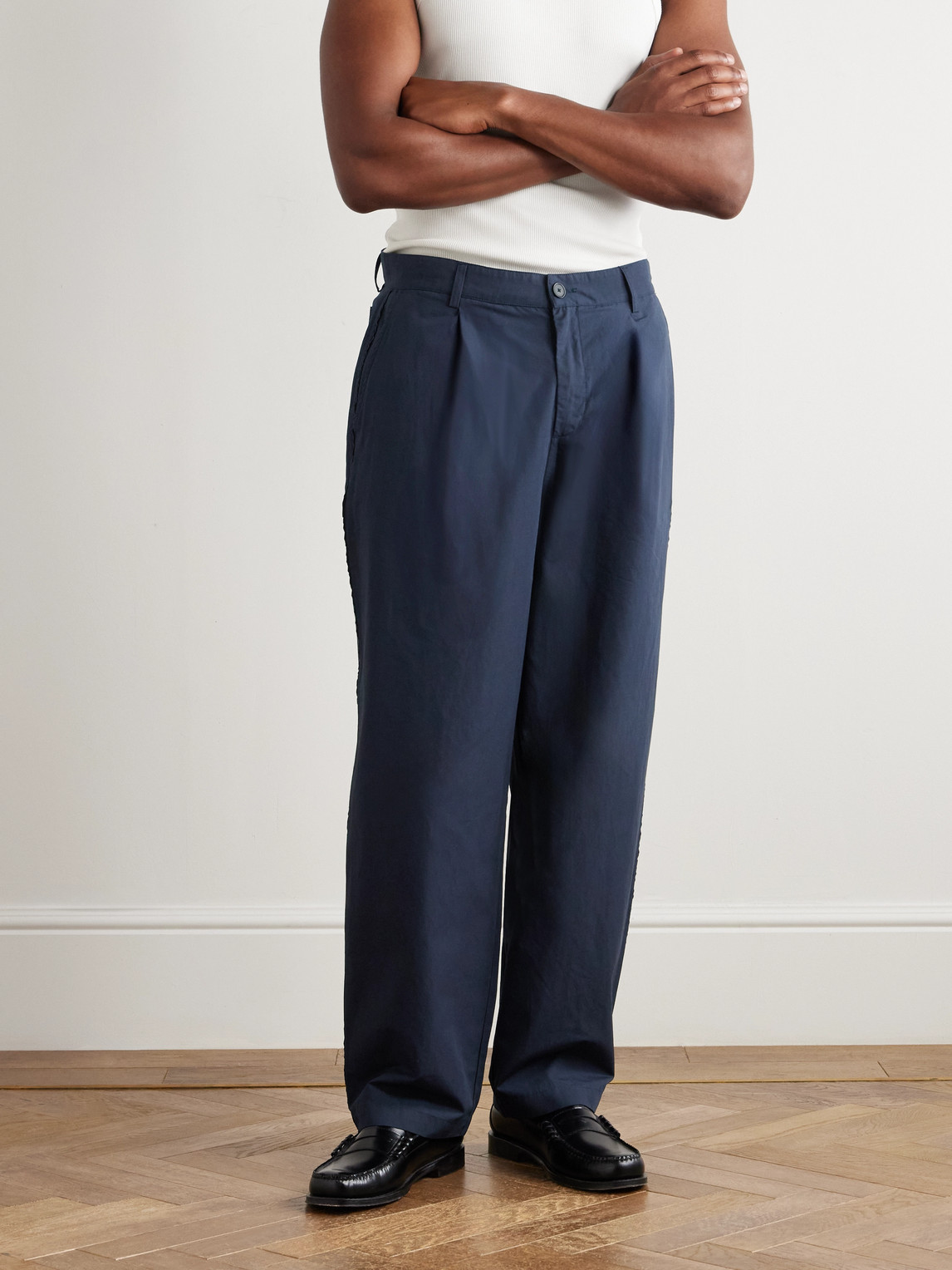 Folk Wide-leg Pleated Cotton And Linen-blend Trousers In Blue
