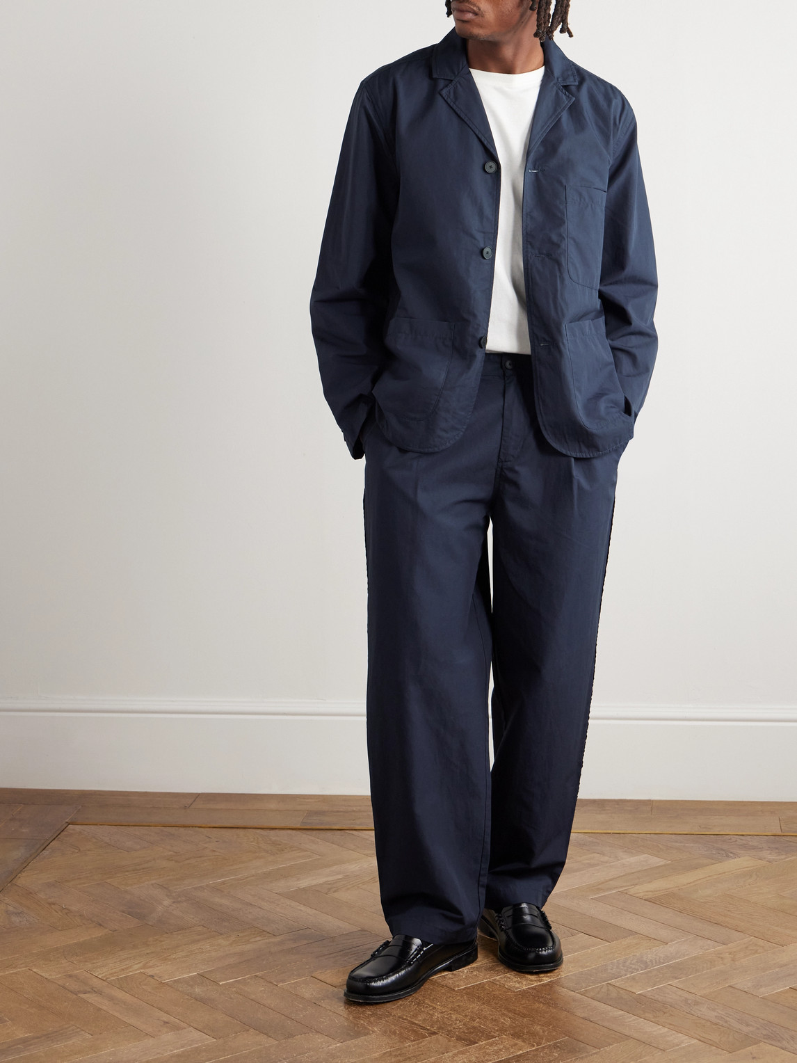 Folk Wide-leg Pleated Cotton And Linen-blend Trousers In Blue