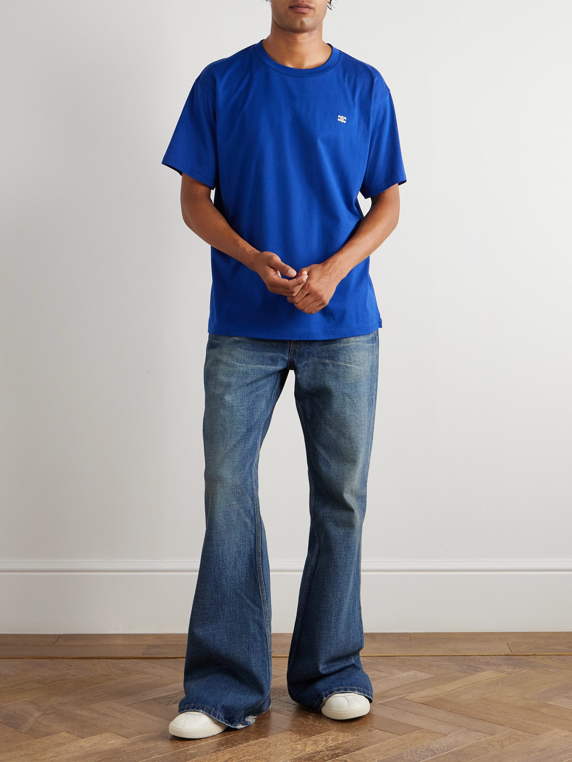 Celine Triomphe Logo-embroidered Cotton-jersey T-shirt In Blue