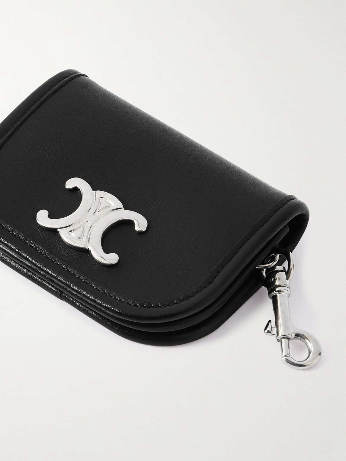 Celine Nano Logo-embellished Leather And Silver-tone Keyring Wallet In Black
