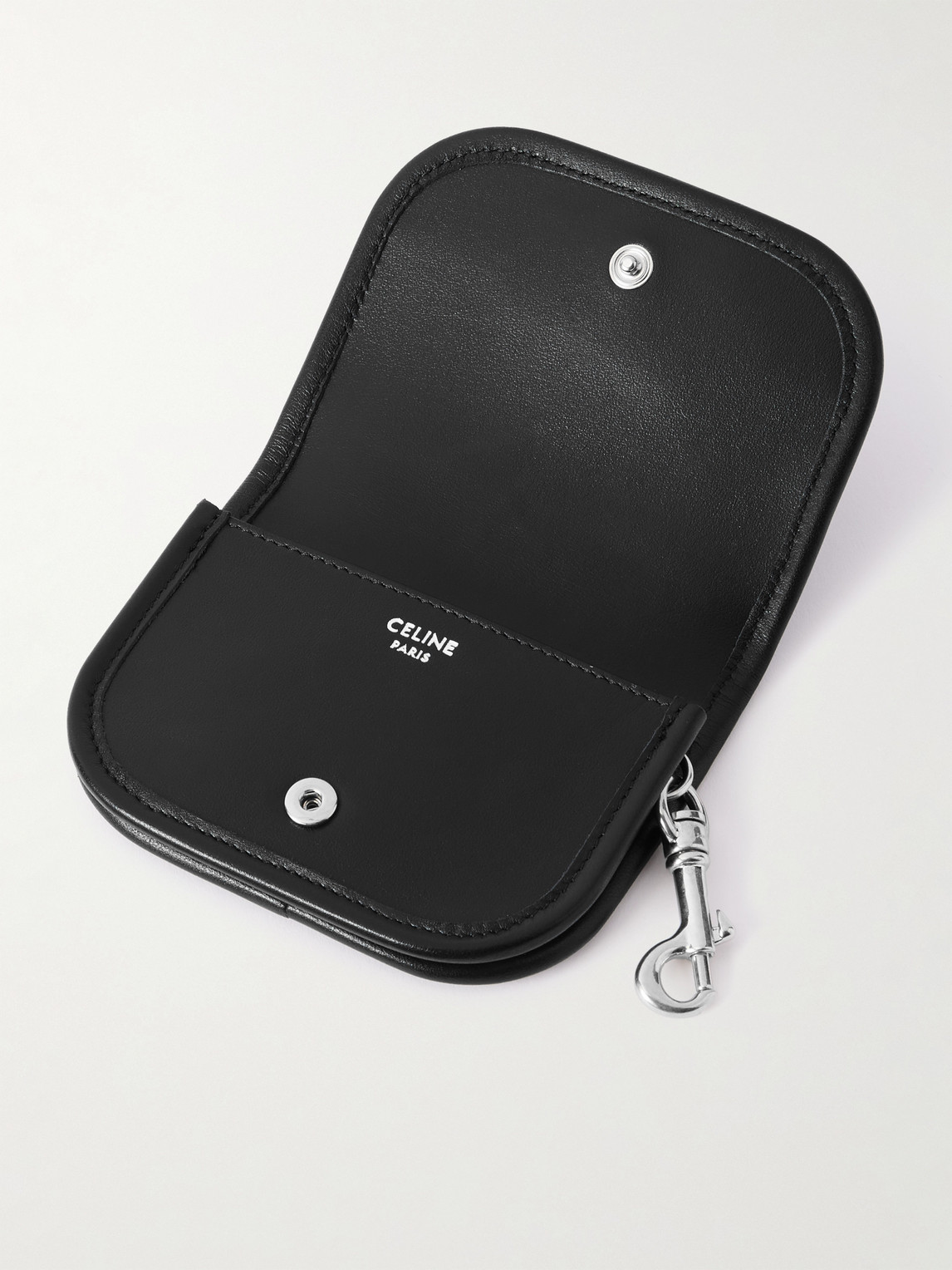Celine Nano Logo-embellished Leather And Silver-tone Keyring Wallet In Black