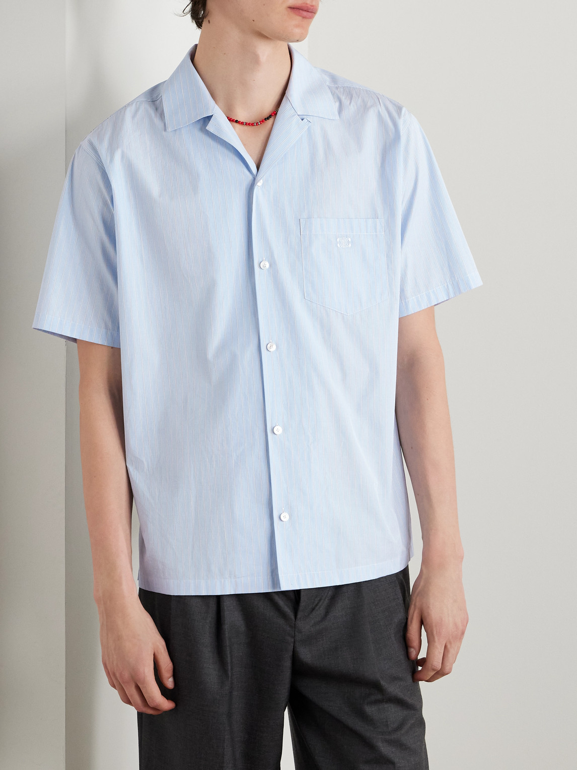 Celine Convertible-collar Logo-embroidered Striped Cotton-poplin Shirt In Blue