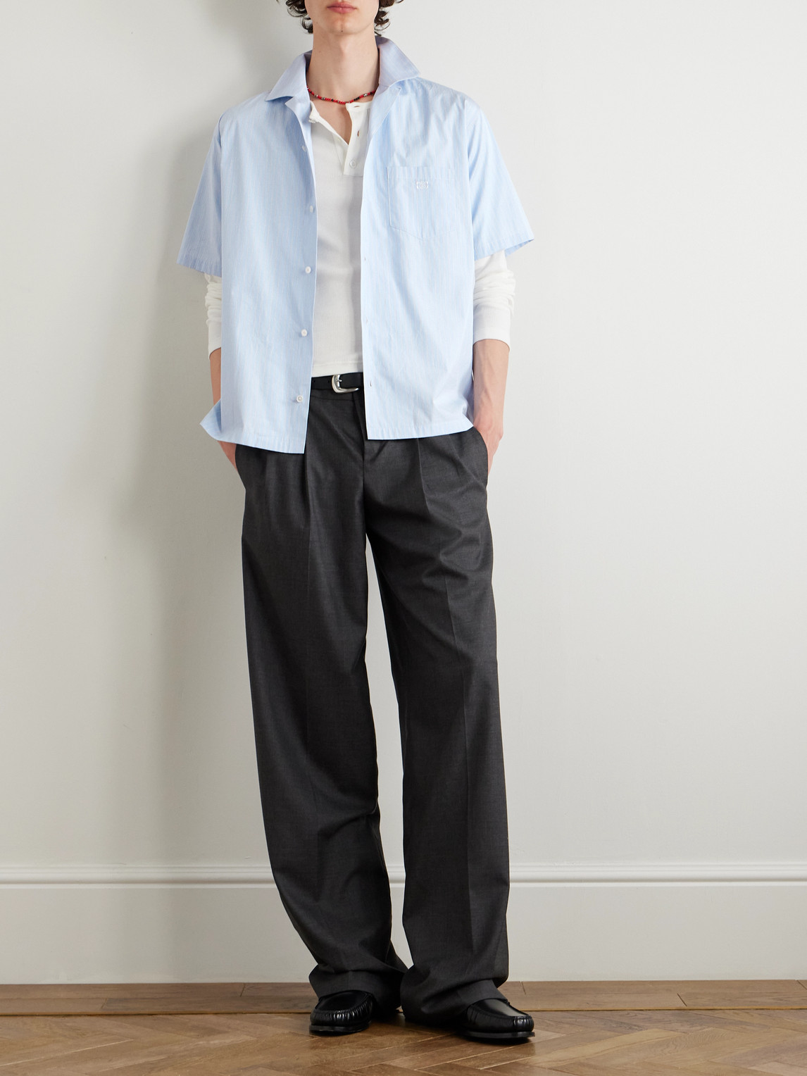 Celine Convertible-collar Logo-embroidered Striped Cotton-poplin Shirt In Blue