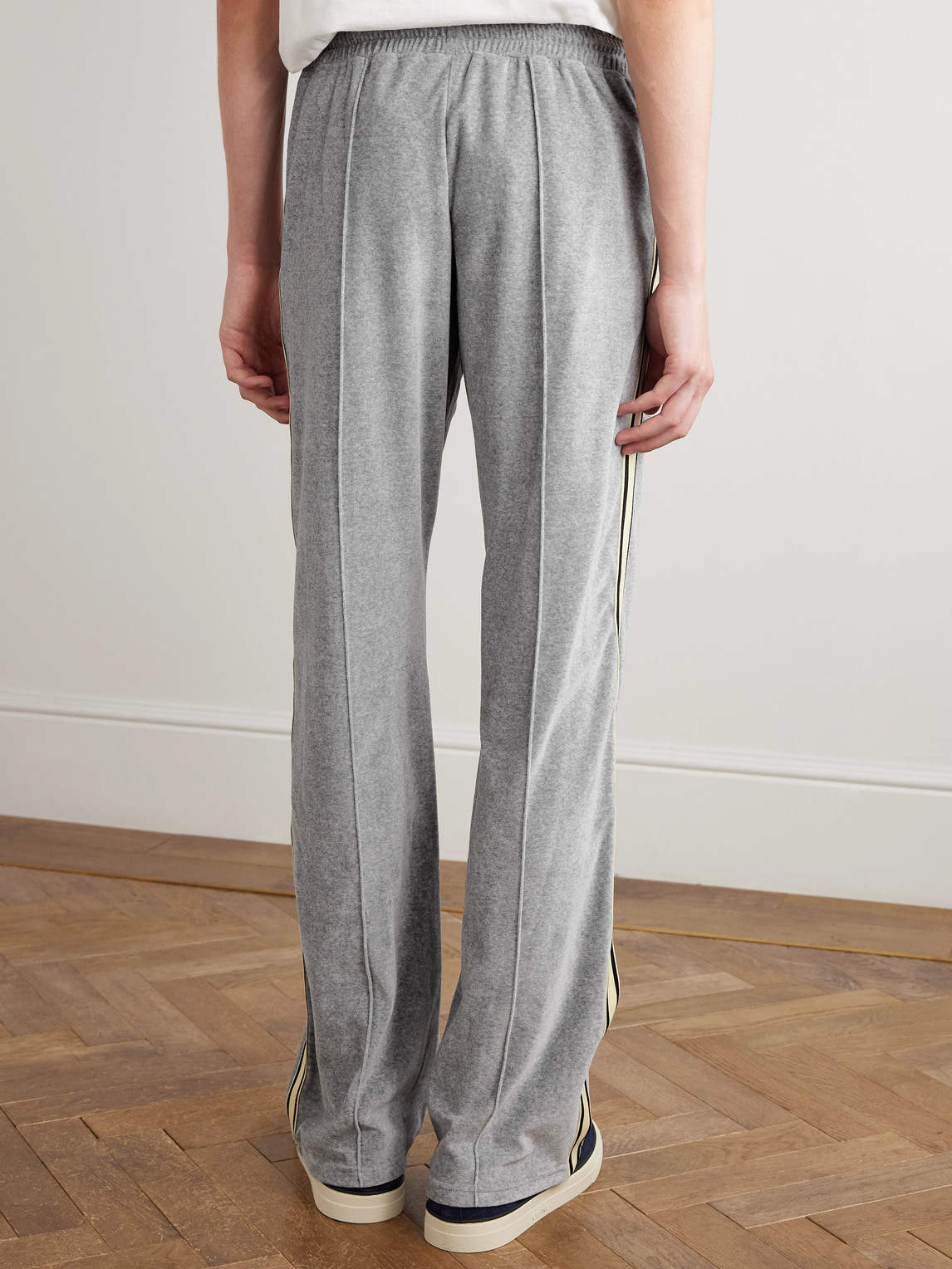 Celine Straight-leg Webbing-trimmed Logo-embroidered Cotton-blend Velour Track Pants In Gray