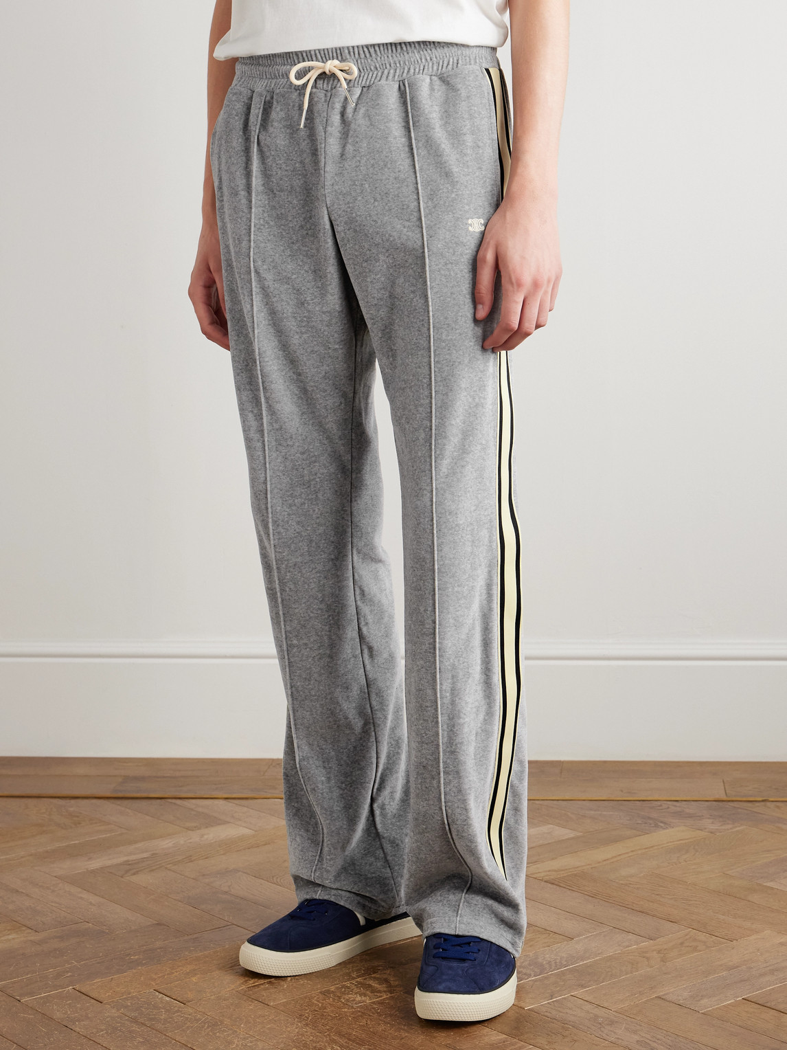 Celine Straight-leg Webbing-trimmed Logo-embroidered Cotton-blend Velour Track Pants In Gray