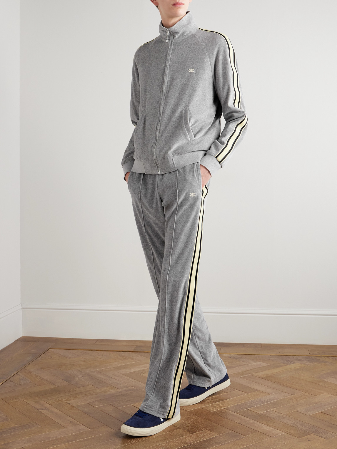 Celine Straight-leg Webbing-trimmed Logo-embroidered Cotton-blend Velour Track Pants In Gray
