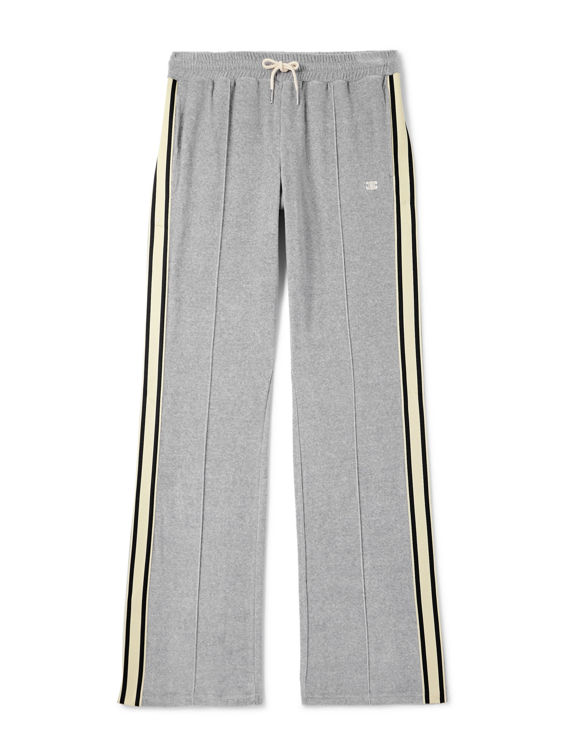 Celine Straight-leg Webbing-trimmed Logo-embroidered Cotton-blend Velour Track Pants In Gray
