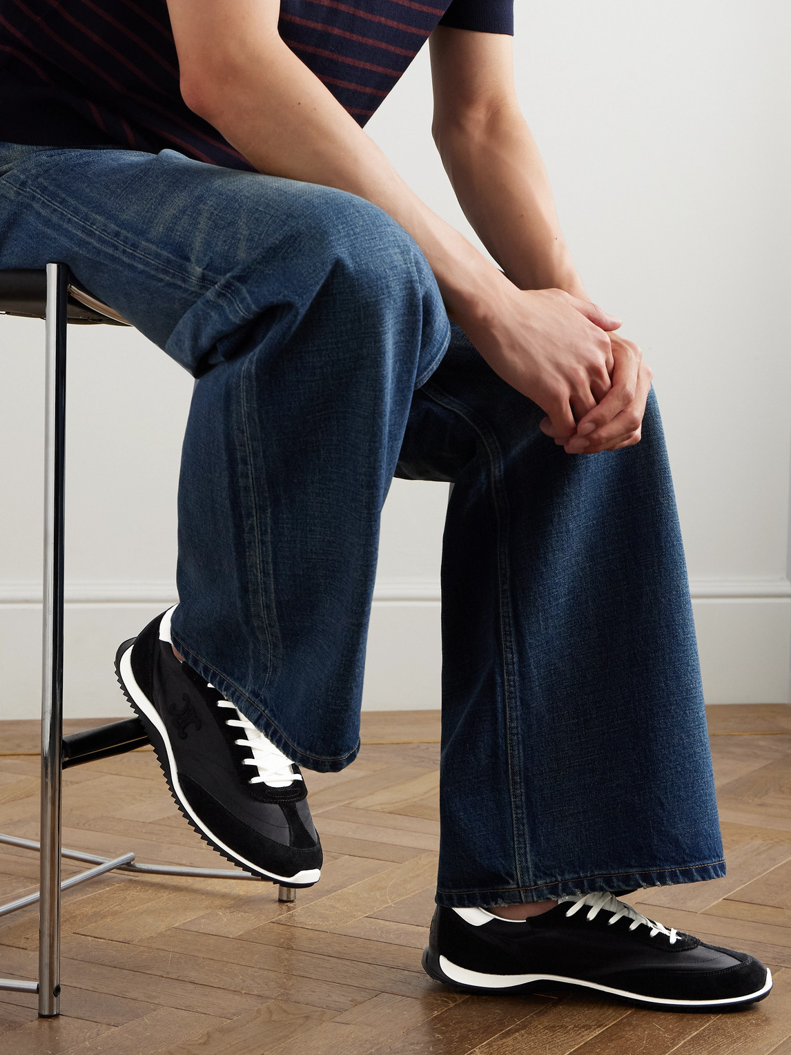 Celine Leather And Suede-trimmed Logo-embroidered Shell Sneakers In Black