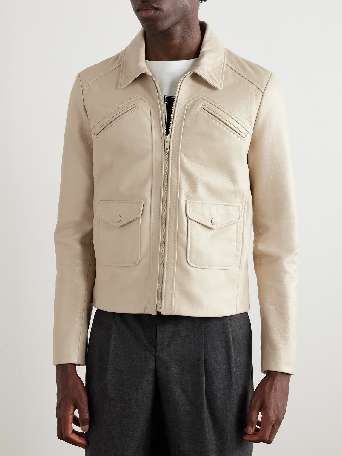Celine Leather Blouson Jacket In Neutral