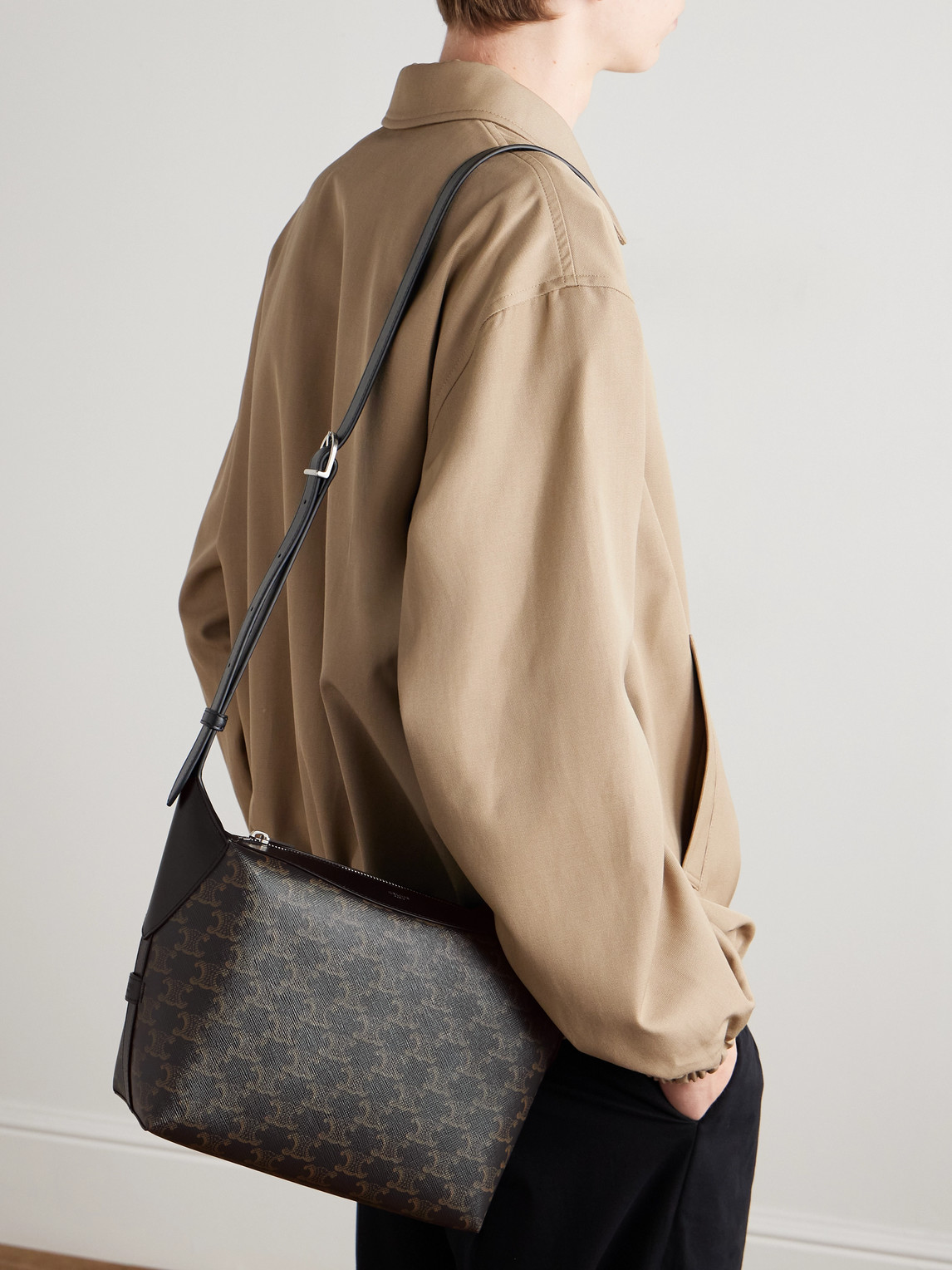 Celine Leather-trimmed Monogrammed Coated-canvas Messenger Bag In Black