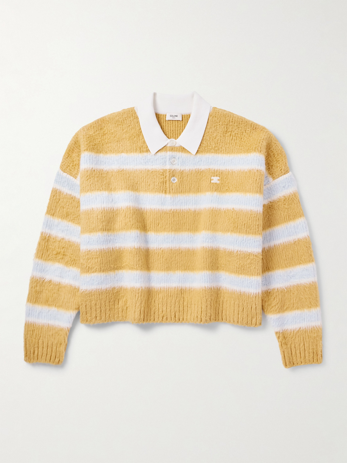 Cropped Striped Ribbed Brushed Cotton-Blend Polo Shirt