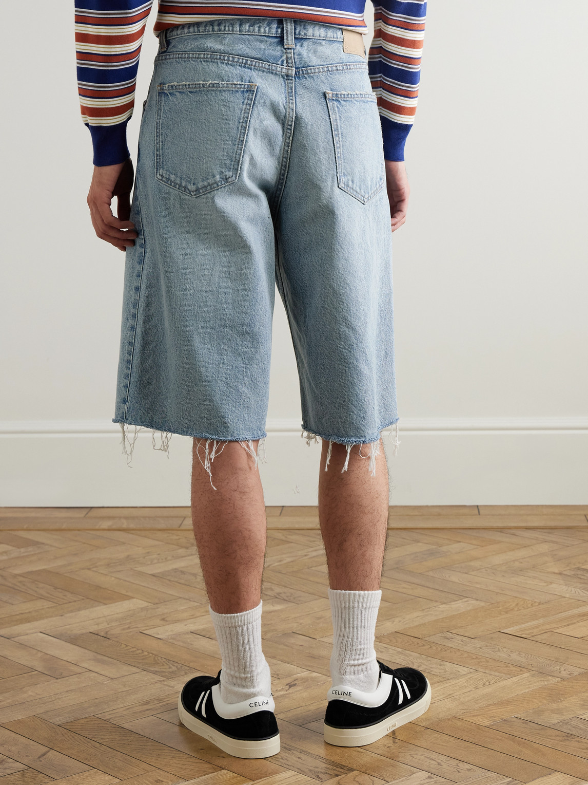 Celine Straight-leg Frayed Denim Bermuda Shorts In Blue