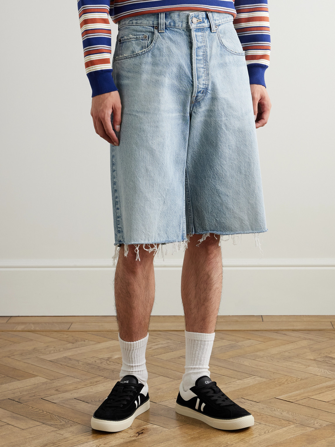 Celine Straight-leg Frayed Denim Bermuda Shorts In Blue