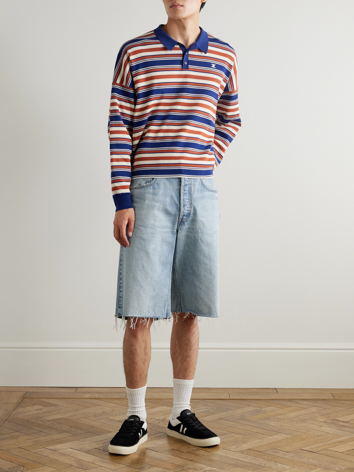 Celine Straight-leg Frayed Denim Bermuda Shorts In Blue