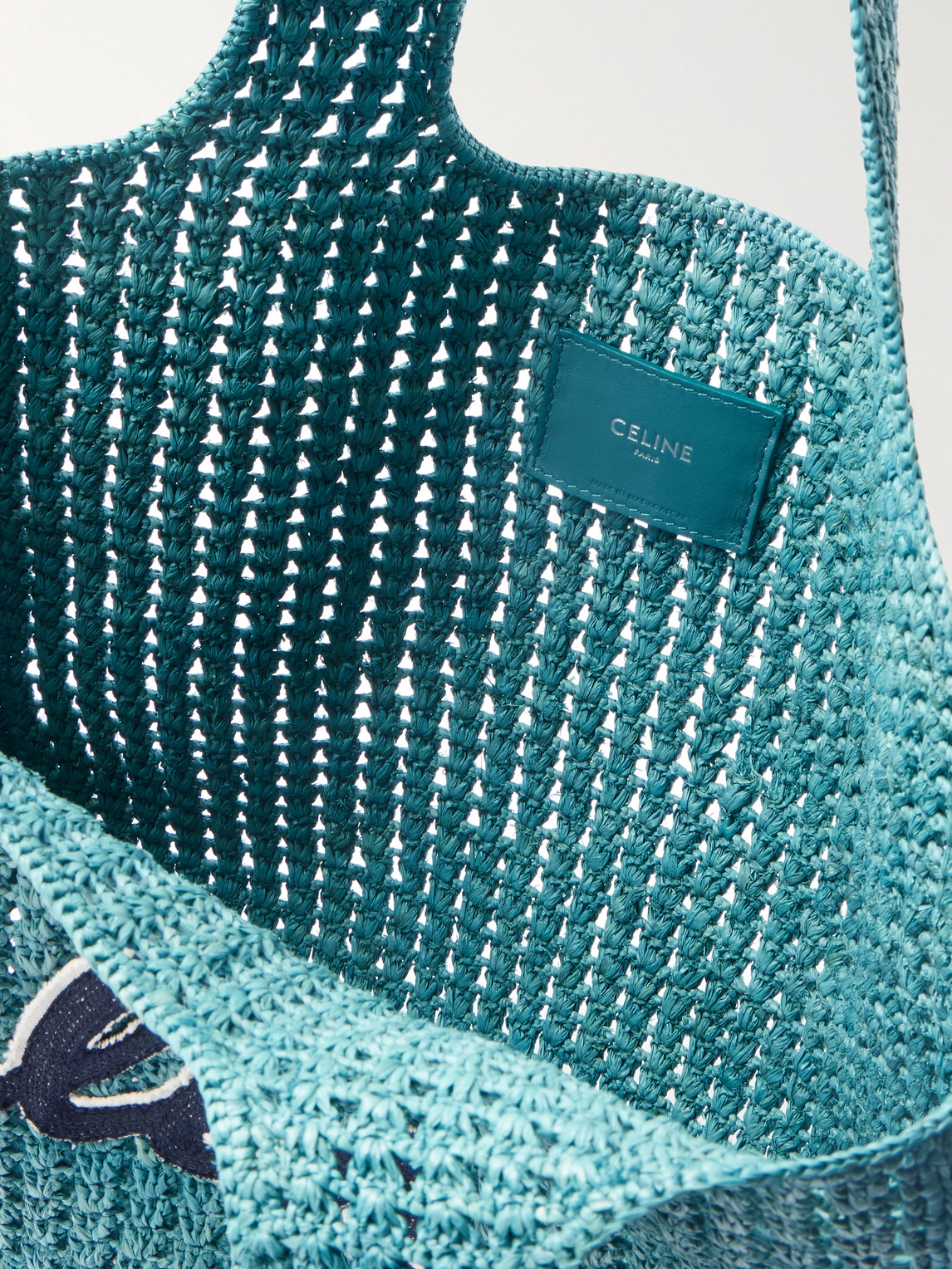 Celine Logo-appliquéd Raffia Tote Bag In Blue