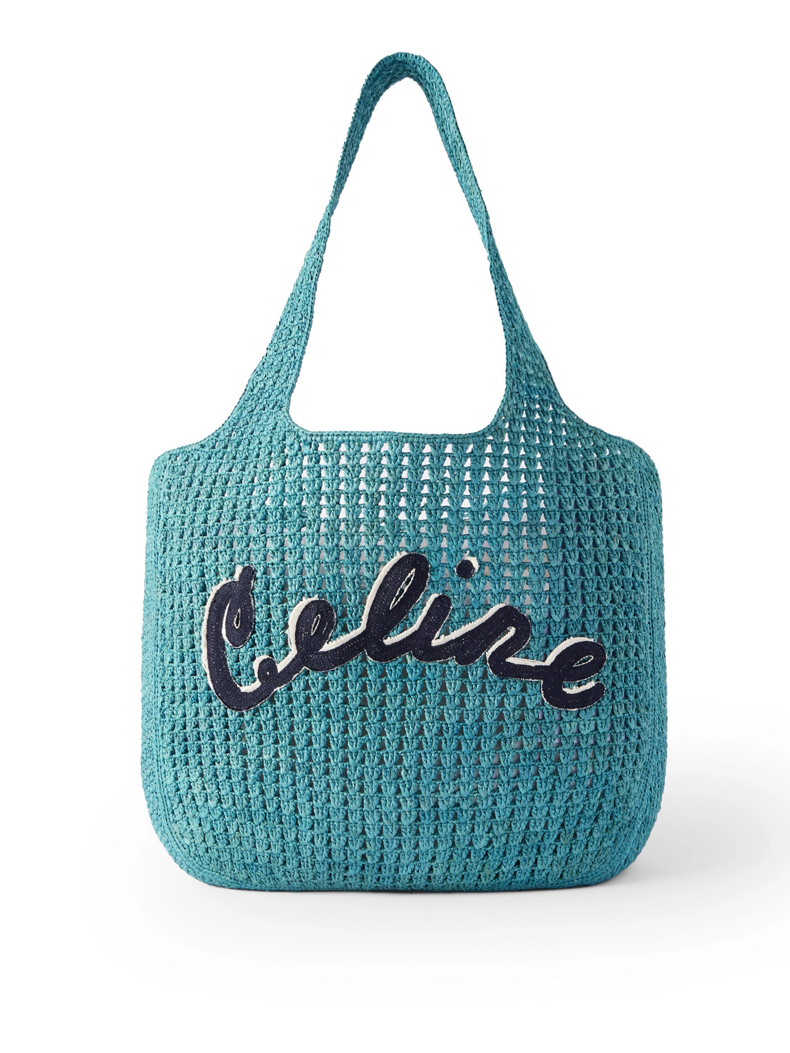 Celine Logo-appliquéd Raffia Tote Bag In Blue