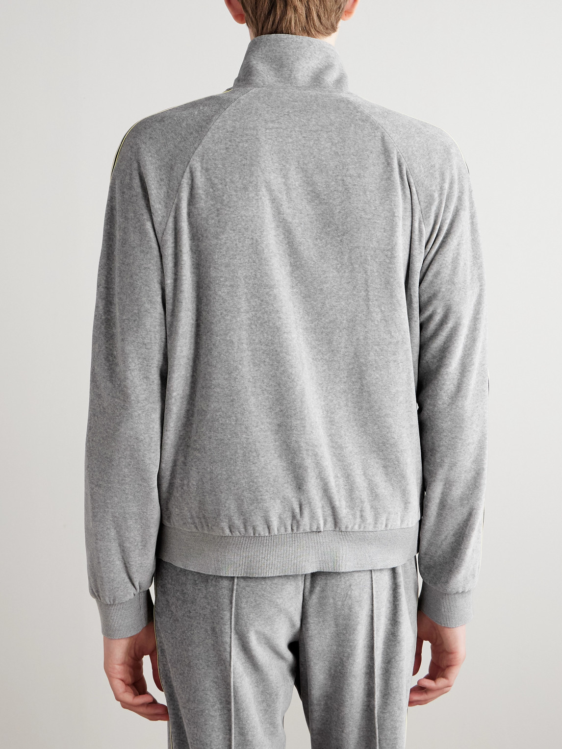 Celine Slim-fit Webbing-trimmed Logo-embroidered Cotton-blend Velour Track Jacket In Gray