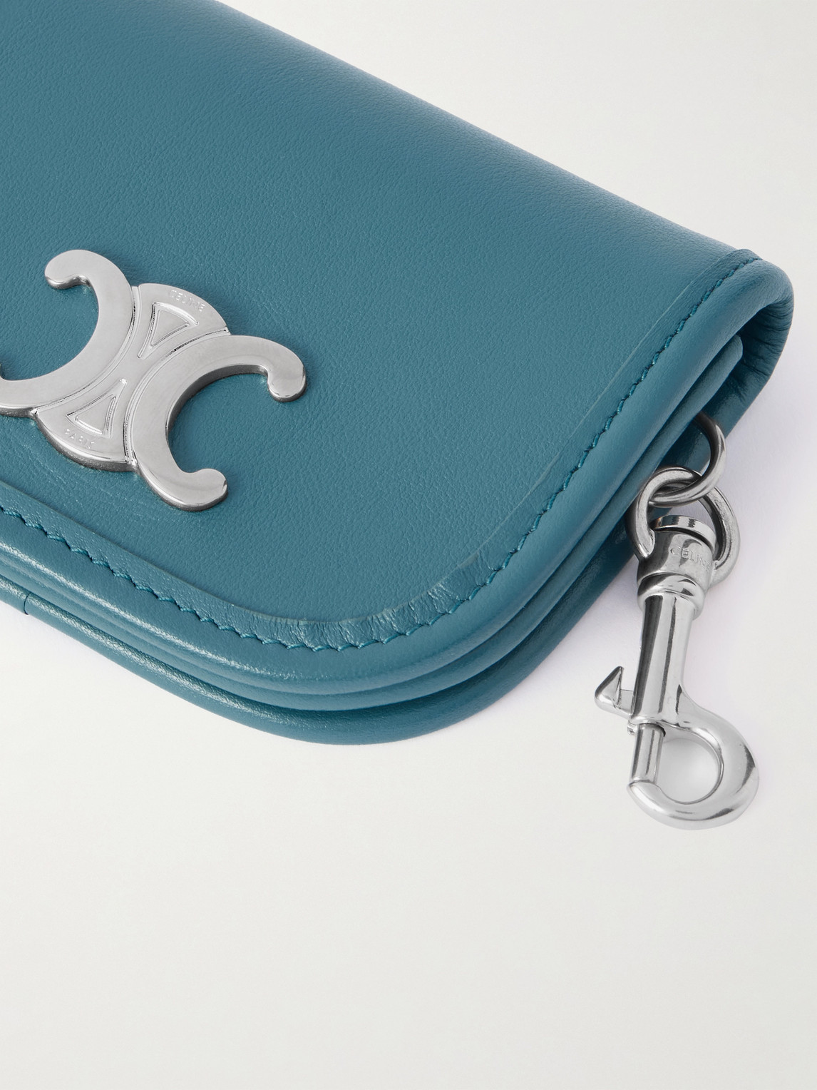 Celine Nano Logo-embellished Leather And Silver-tone Keyring Wallet In Blue