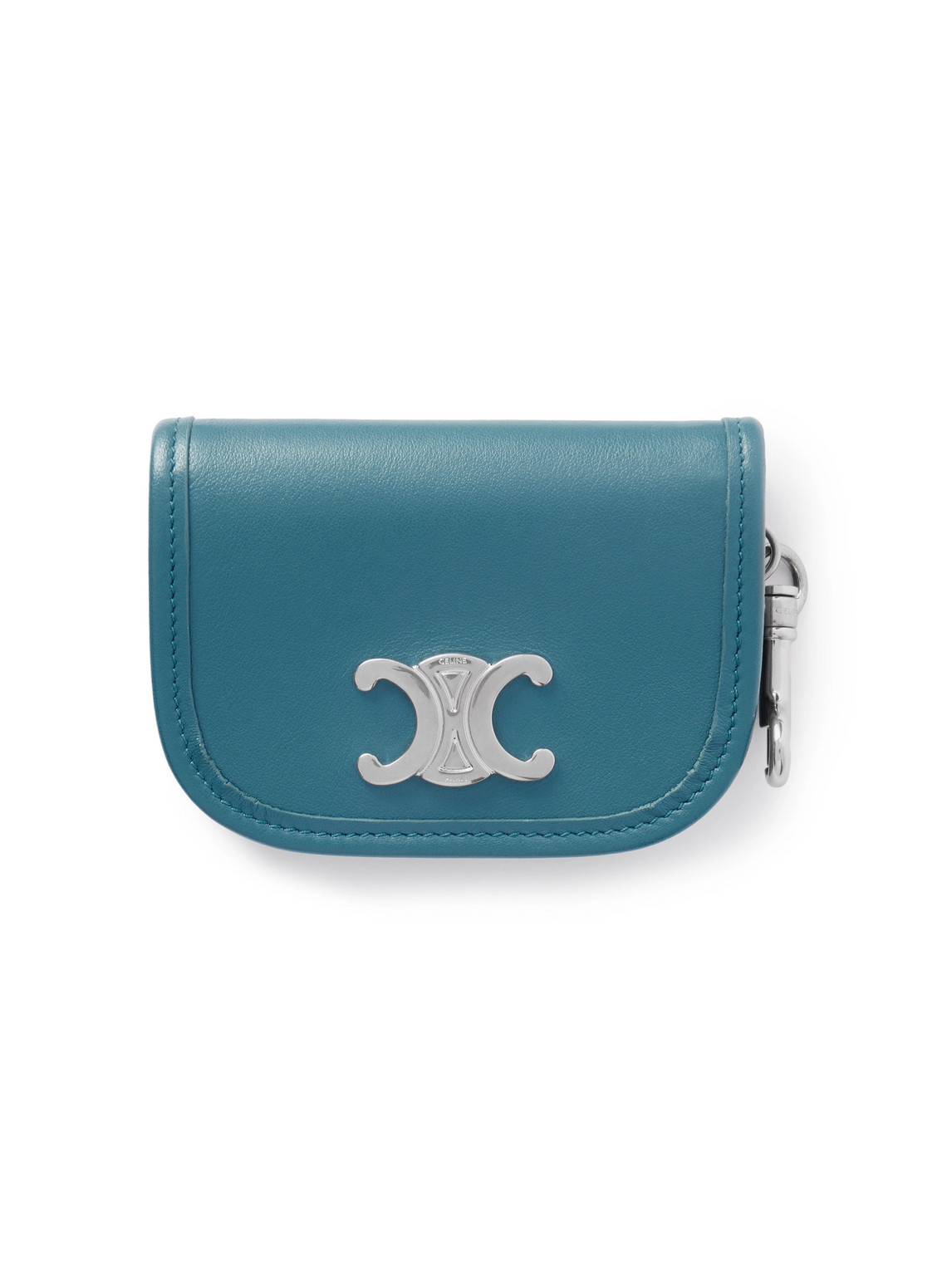 Celine Nano Logo-embellished Leather And Silver-tone Keyring Wallet In Blue