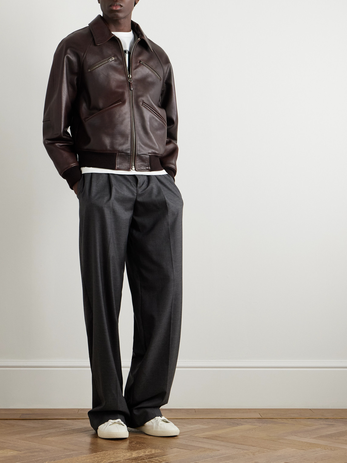 Celine Leather Bomber Jacket In Brown