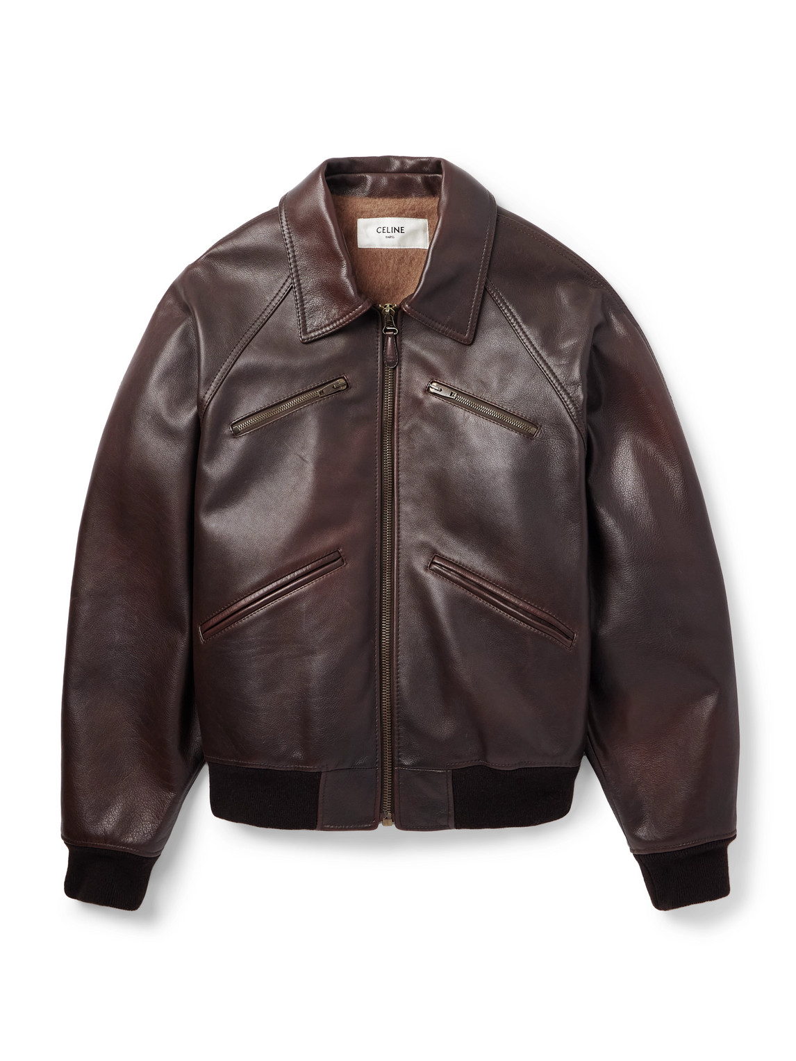Celine Leather Bomber Jacket In Brown