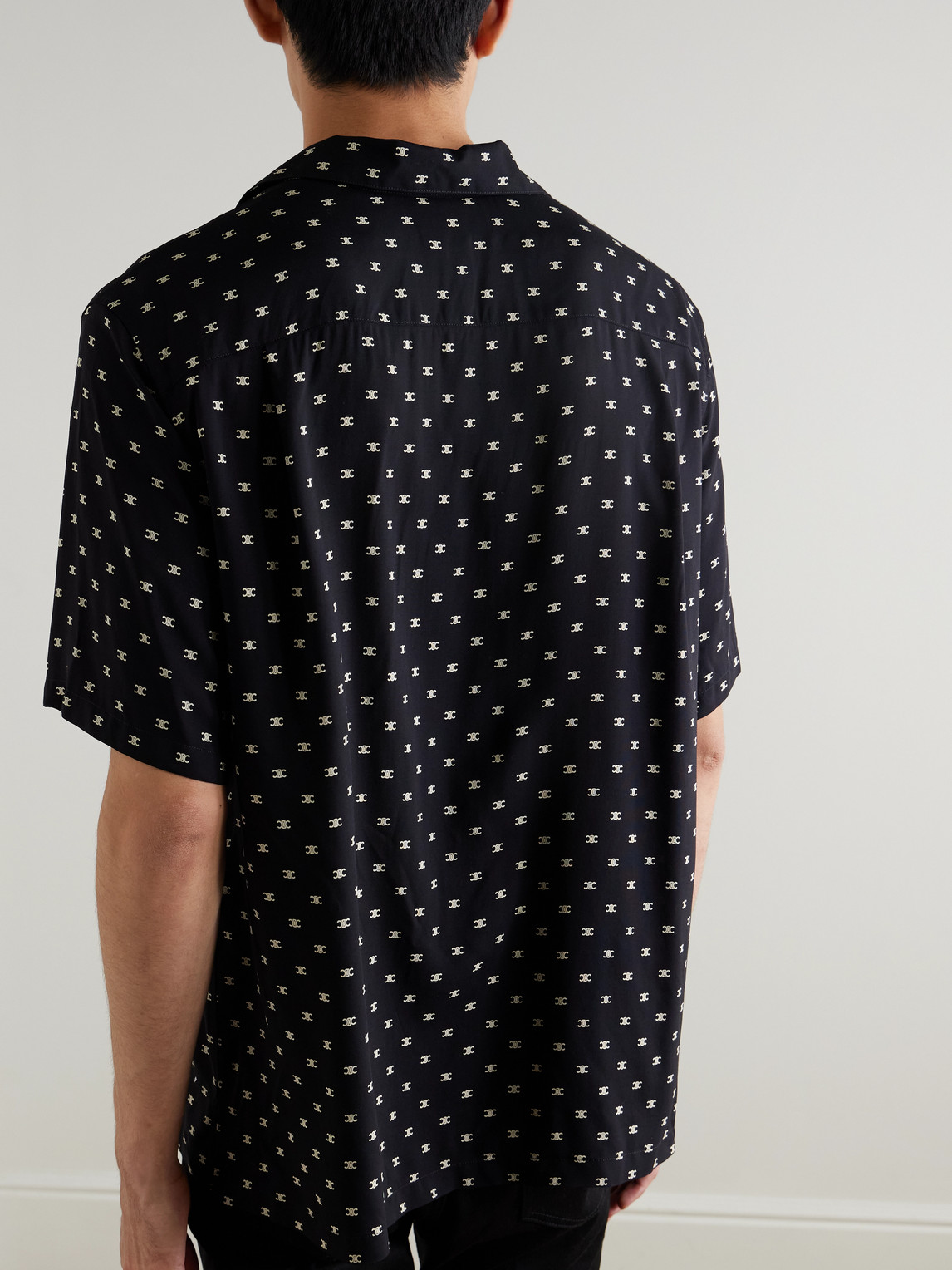 Celine Convertible-collar Logo-print Silk-satin Shirt In Black