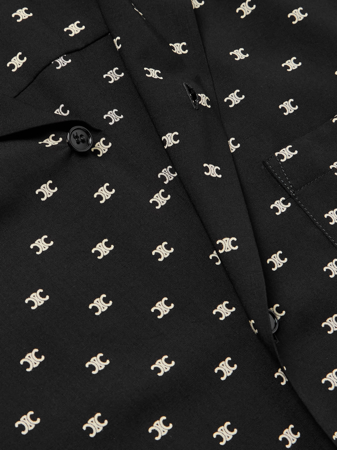 Celine Convertible-collar Logo-print Silk-satin Shirt In Black