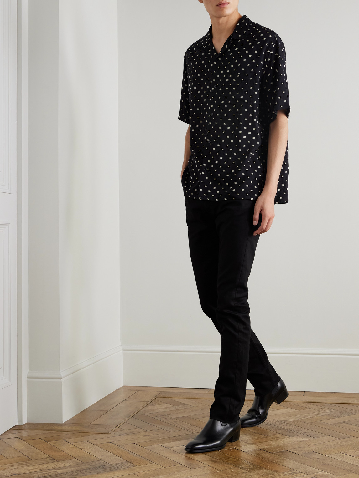 Celine Convertible-collar Logo-print Silk-satin Shirt In Black