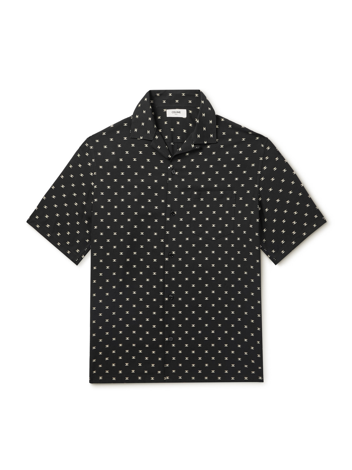 Celine Convertible-collar Logo-print Silk-satin Shirt In Black