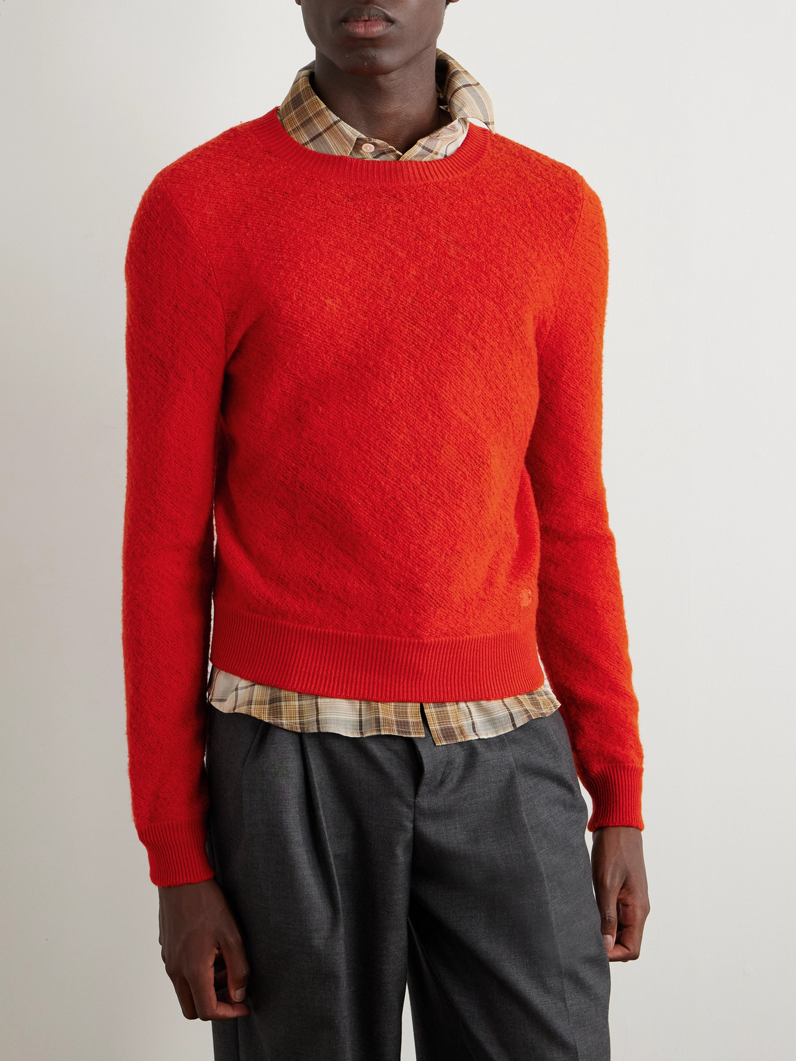 Celine Logo-embroidered Open-knit Wool Sweater In Red