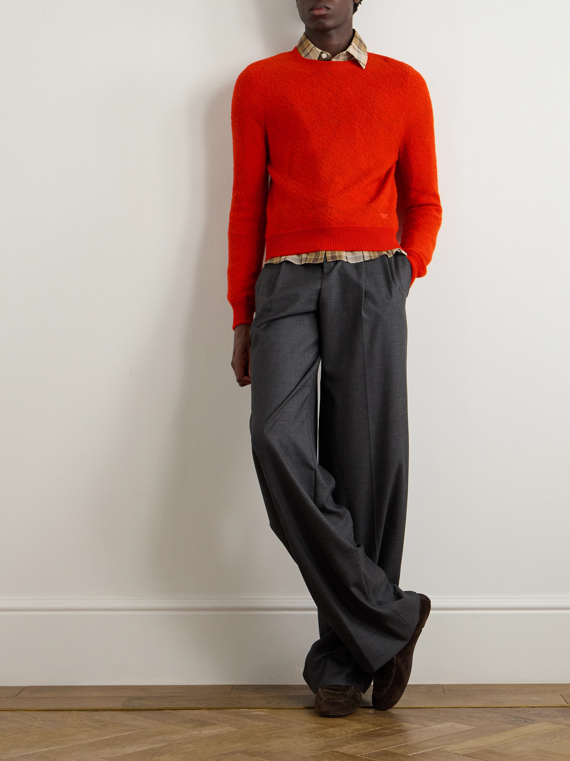 Celine Logo-embroidered Open-knit Wool Sweater In Red