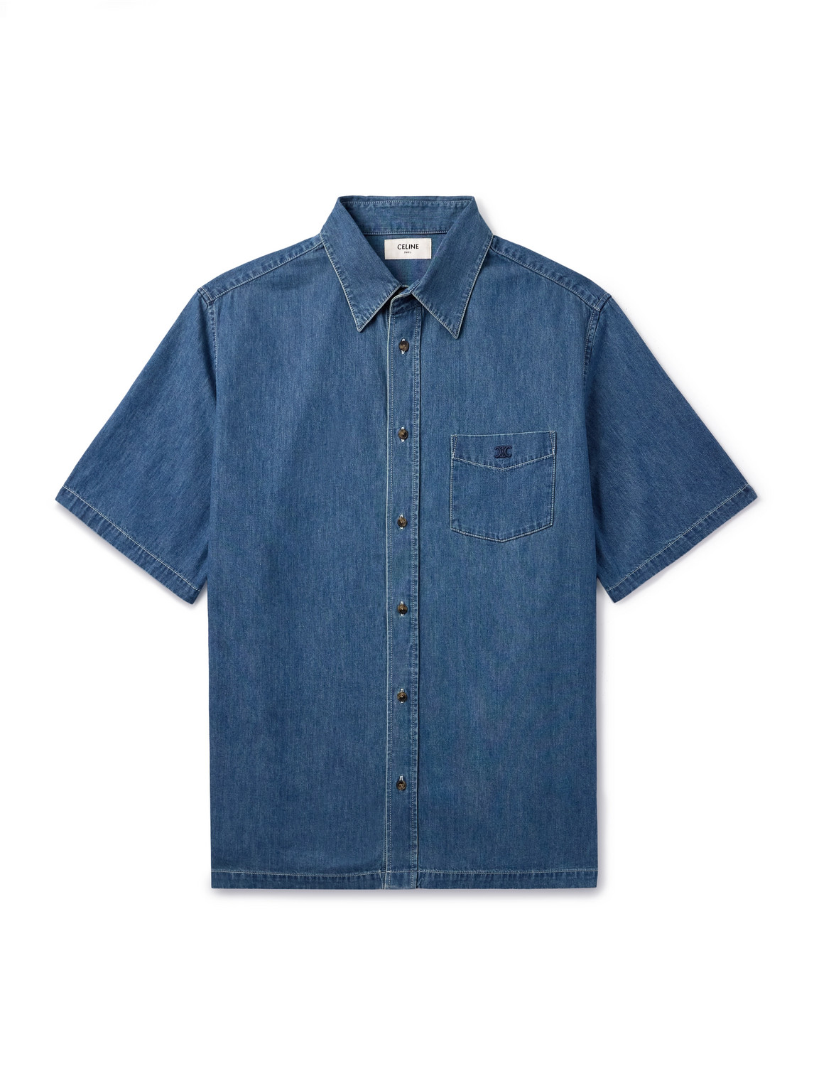 Celine Logo-embroidered Denim Shirt In Blue