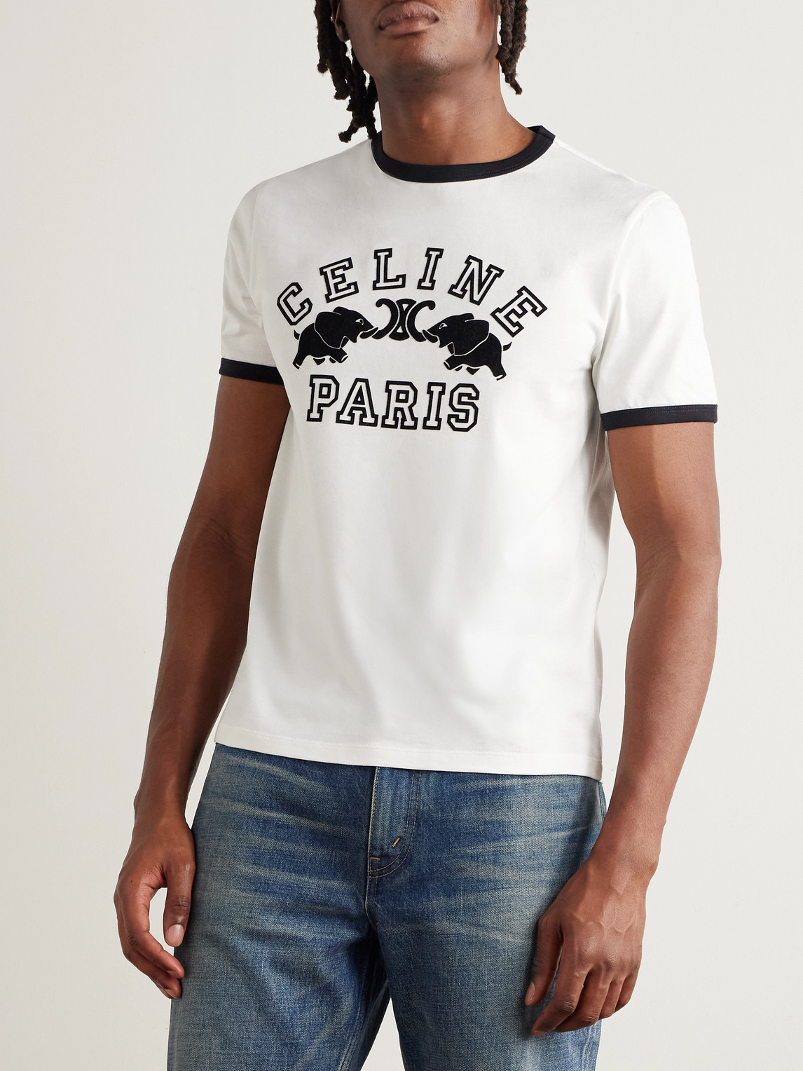 Celine Slim-fit Logo-flocked Cotton-jersey T-shirt In White