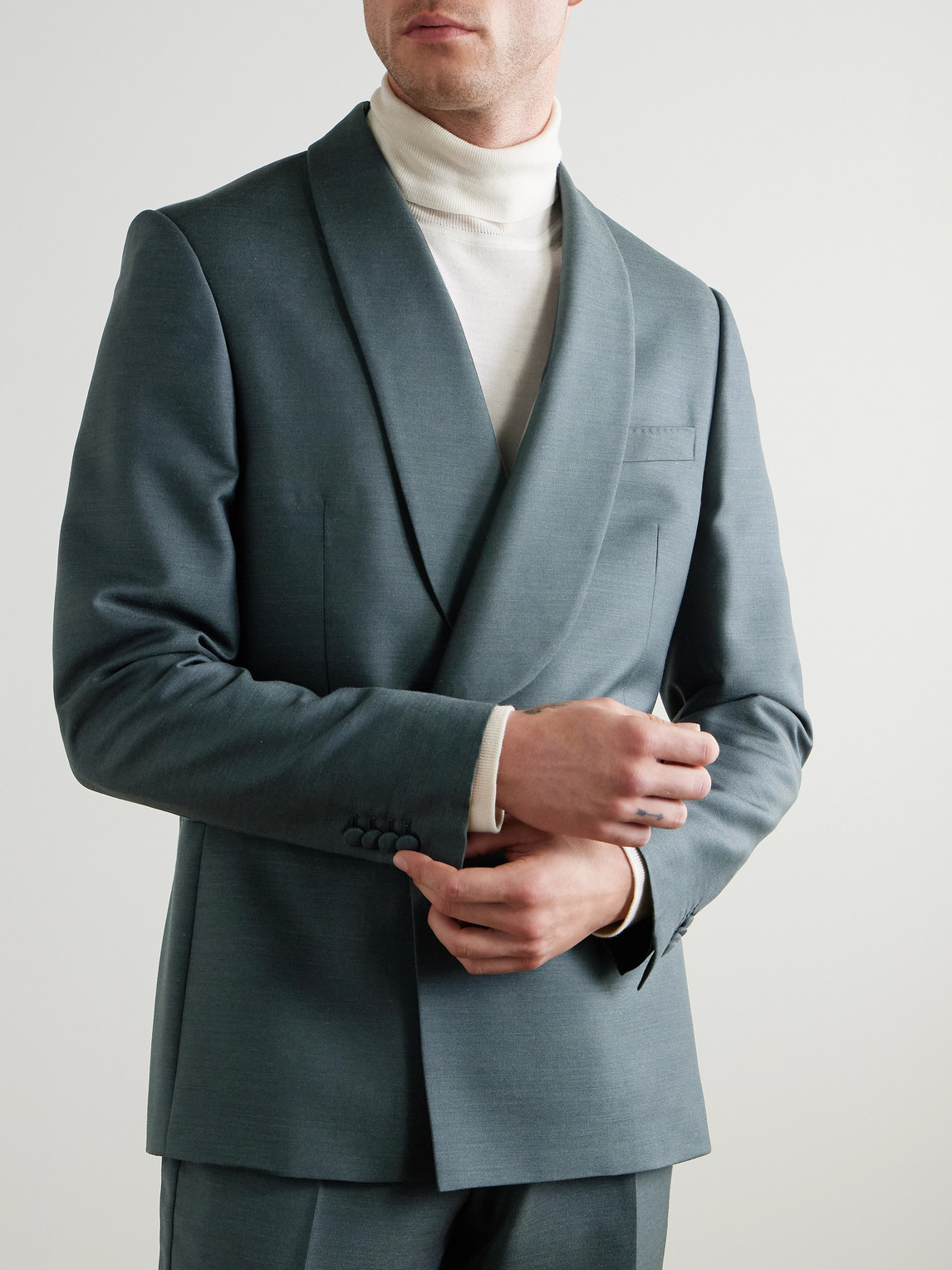  Mr P. - Slim-fit Double-breasted Shawl-lapel Wool, Mohair And Silk-blend Twill Tuxedo Jacket - Men - Green - 38 