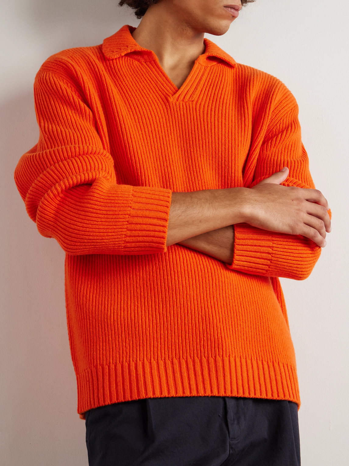  Mr P. - Ribbed Merino Wool Polo Shirt - Men - Orange - S 