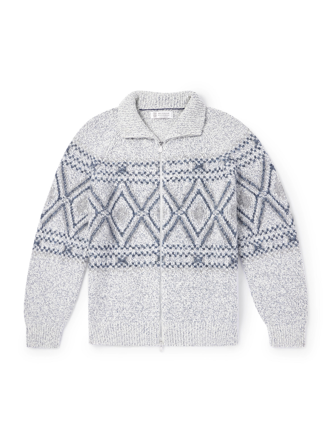 Brunello Cucinelli Fair Isle Wool, Silk And Cashmere-blend Zip-up Cardigan