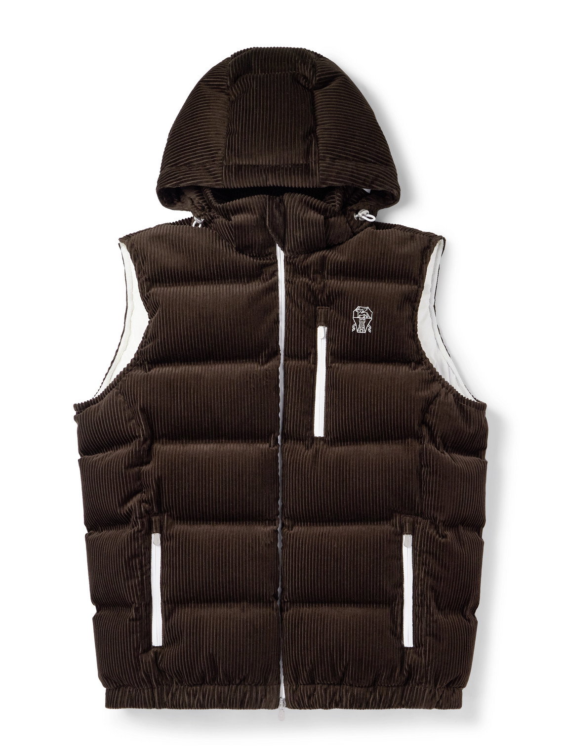 Brunello Cucinelli Velvet Padded Hooded Sleeveless Gilet In Brown